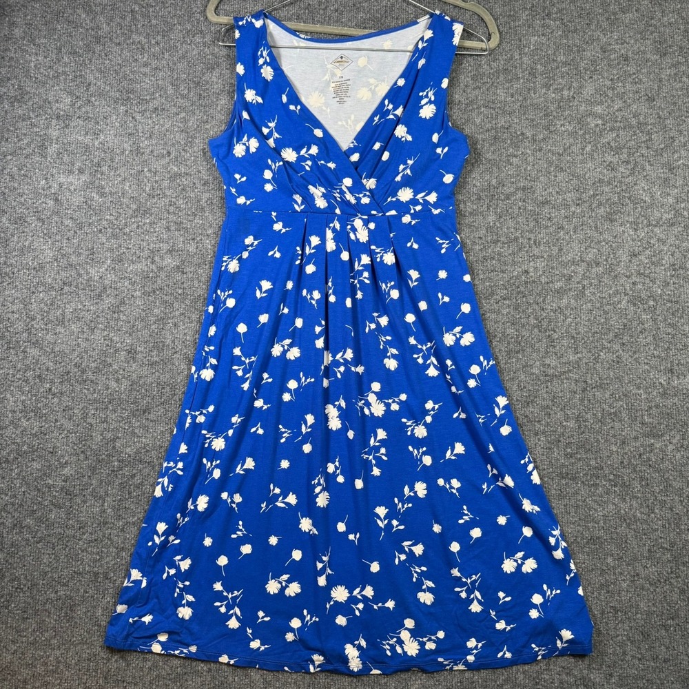 St Johns Bay Dress Womens XS Blue Floral Surplice Empire Waist Sleeveless Jersey